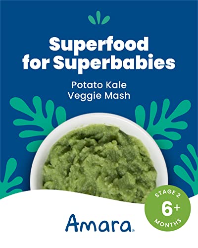 Image of Amara Organic Baby Food - Stage 2 - Kale Potato - Baby Cereal to Mix With Breastmilk, Water or Baby Formula - Shelf Stable Baby Food Pouches Made from Organic Fruit and Veggies - 14 Pouches, 3.5oz Per Serving