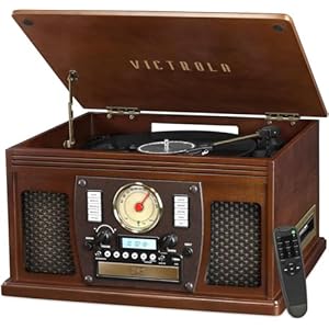 Victrola Navigator 8-in-1 Bluetooth Record Player with Built-in Speakers– 3 Speed Turntable, CD Player, Cassette, FM Radio, USB, RCA Out, Headphone Jack, Wireless Music Streaming, Real Wood (Espresso)