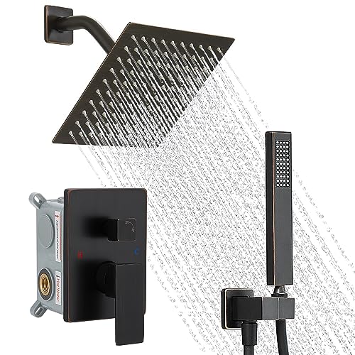 Image of Oil Rubbed Bronze Shower System, 8 Inch High Pressure Rain Shower with Handheld, Wall Mount Shower Faucet Set for Bathroom, Rough-in Valve Body and Trim Included