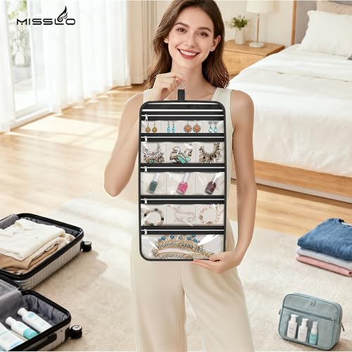 MISSLO Hanging Jewelry Organizer Travel Foldable Jewelry Roll Storage Case with 14 Cotton Zippered Pockets for Traveling, Closet, Suitcase - Image 4