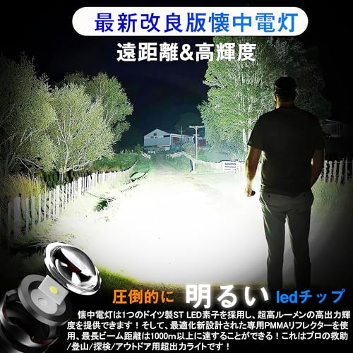 懐中電灯 LED 強力 超高輝度 2000000ルーメン 軍用最強 Type-C USB充電式ハンドランプ IPX 67防水 新型 無極調光夜間作業 登山 釣り キャンプ 防災 停電対策