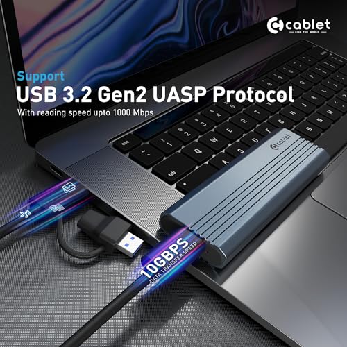 Image of Cablet NVMe M2 SSD Enclosure, USB 3.2 Gen2 10Gbps, Tool-Free NVMe Case Realtek RTL9210 Chipset, USB-C PCIe NVMe Reader, Max 8TB Aluminium Case, Supports M & B&M Key SSDs 2230 /2242 /2260 /2280 (MS902-C3)