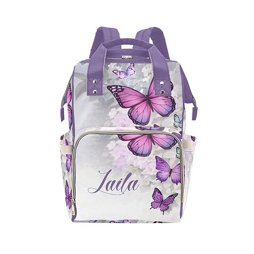 Fantasía púrpura mariposa bolsas de pañales mochila con nombre personalizado bebé bolsa de lactancia bolsa de pañales regalos, Personalizado 1,