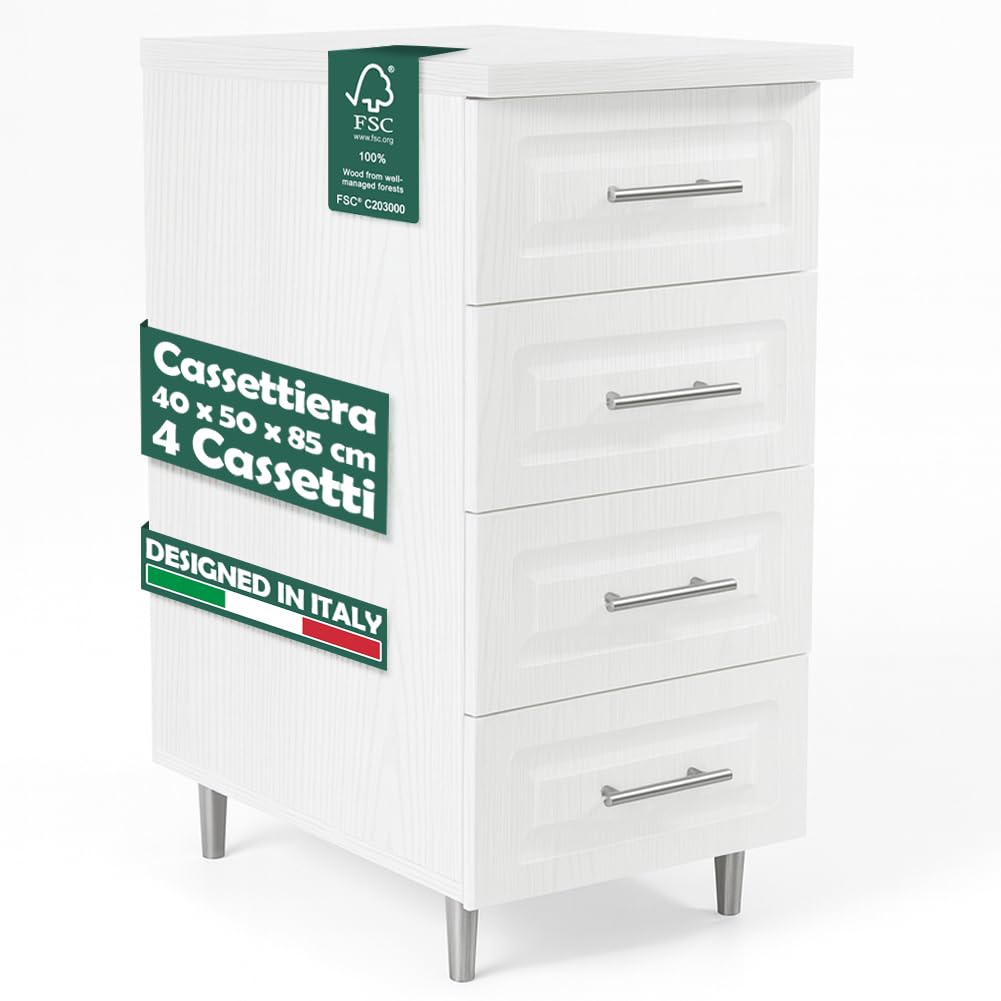 Shally Dogan Cassettiera Mobile Base per Cucina con 4 Cassetti Design Boiserie, Mobiletto Componibile con Struttura in Legno Solida e Resistente, Organizer 40 x 50 x 85H cm (Bianco Frassinato)