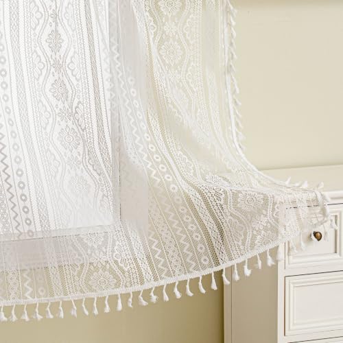 Image of MYSKY HOME White Lace Tier Curtains 24 Inch Length 2 Panels Kitchen Cafe Sheer Short Boho Half Country Rod Pocket Curtains for Small Windows Basement Bathroom, 34 inch Wide Each Panel