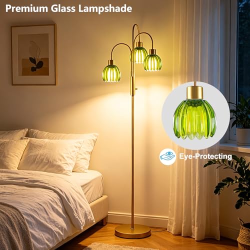 Image of 3-Light Glass Floor Lamp, 70 inch Gold Dimmable Standing Tall Lamp with Green Glass Shades &3PCS 3000K Warm White Bulbs for Wedding /Party, Modern Tree Pole Lamp for Living Room Bedroom Home Office Corner