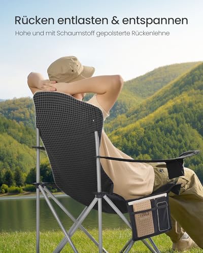 SONGMICS Campingstuhl, klappbar, Klappstuhl, breiter Sitz, hohe Rückenlehne, Outdoor-Stuhl, tragbar, Outdoor-Stuhl, mit Getränkehalter, Handyhalter, Stoff-Organizer, schwarz-grau GCB005BH01 4