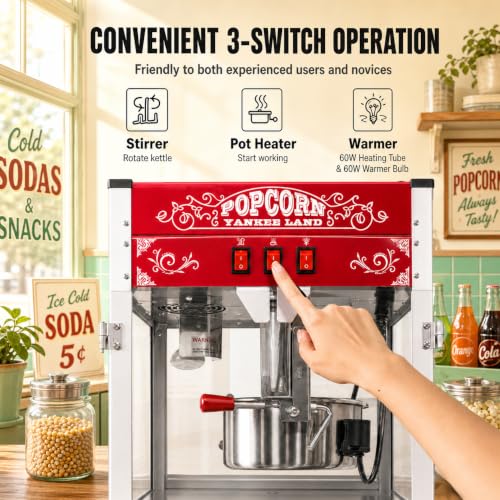 Image of Commercial Popcorn Machine With 28 OZ Kettle for Theater Style, Red | Countertop Popcorn Machine Stainless Steel, 3-Switch Control, for Home, Movie Night, Parties, Office, School, Business