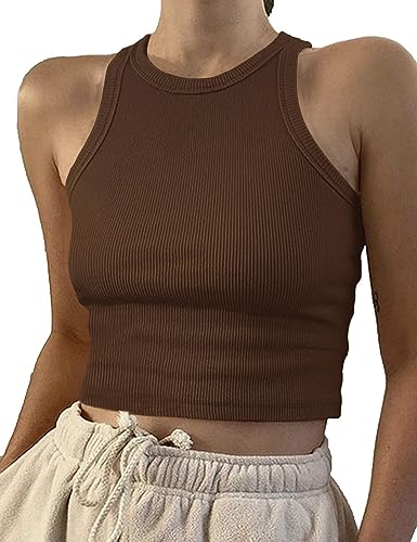 Image of Artfish Women Casual Basic Sleeveless High Neck Rib-Knit Y2k Crop Tank Top
