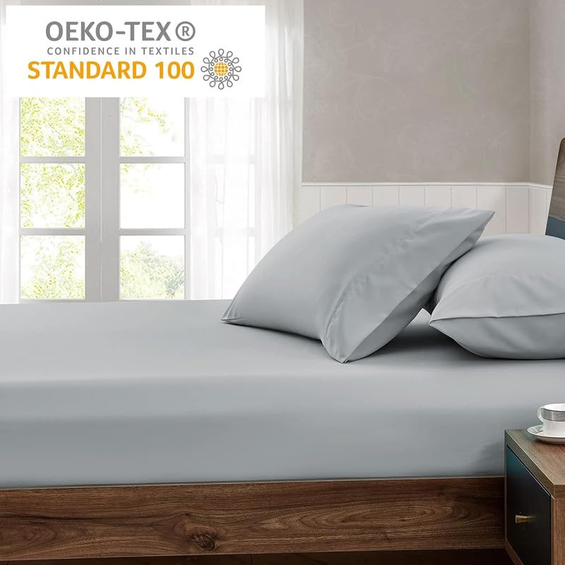 Image of Amazon Brand - Umi Cotton Feel Glace Cotton Fade Resistant Elastic Fitted Single Bed Bedsheet with 1 Pillow Cover Fits Upto 8 inches Mattress, Size- 36x72x10 Inches, Light Grey