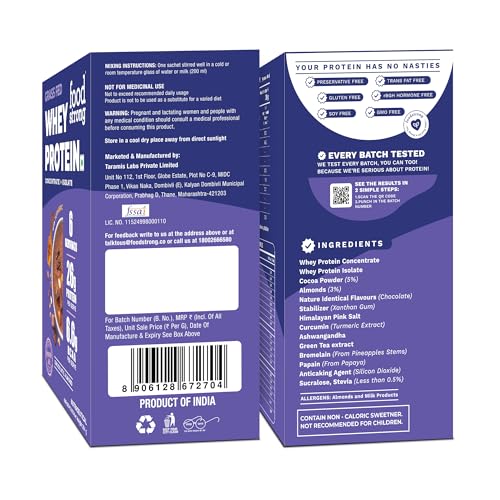 Image of Foodstrong Whey Protein Powder (Concentrate + Isolate), 100% Hormone Free Grass-Fed Whey, 26G Protein & 6.6G BCAA, Chocolate Almond, With Turmeric & Digestive Enzymes, 6 Sachets, 204G