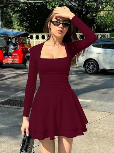 Women's Square Neck Mini Dress Long Sleeve Ruffle Hem Corset Ruched Waist Short Party Dresses4