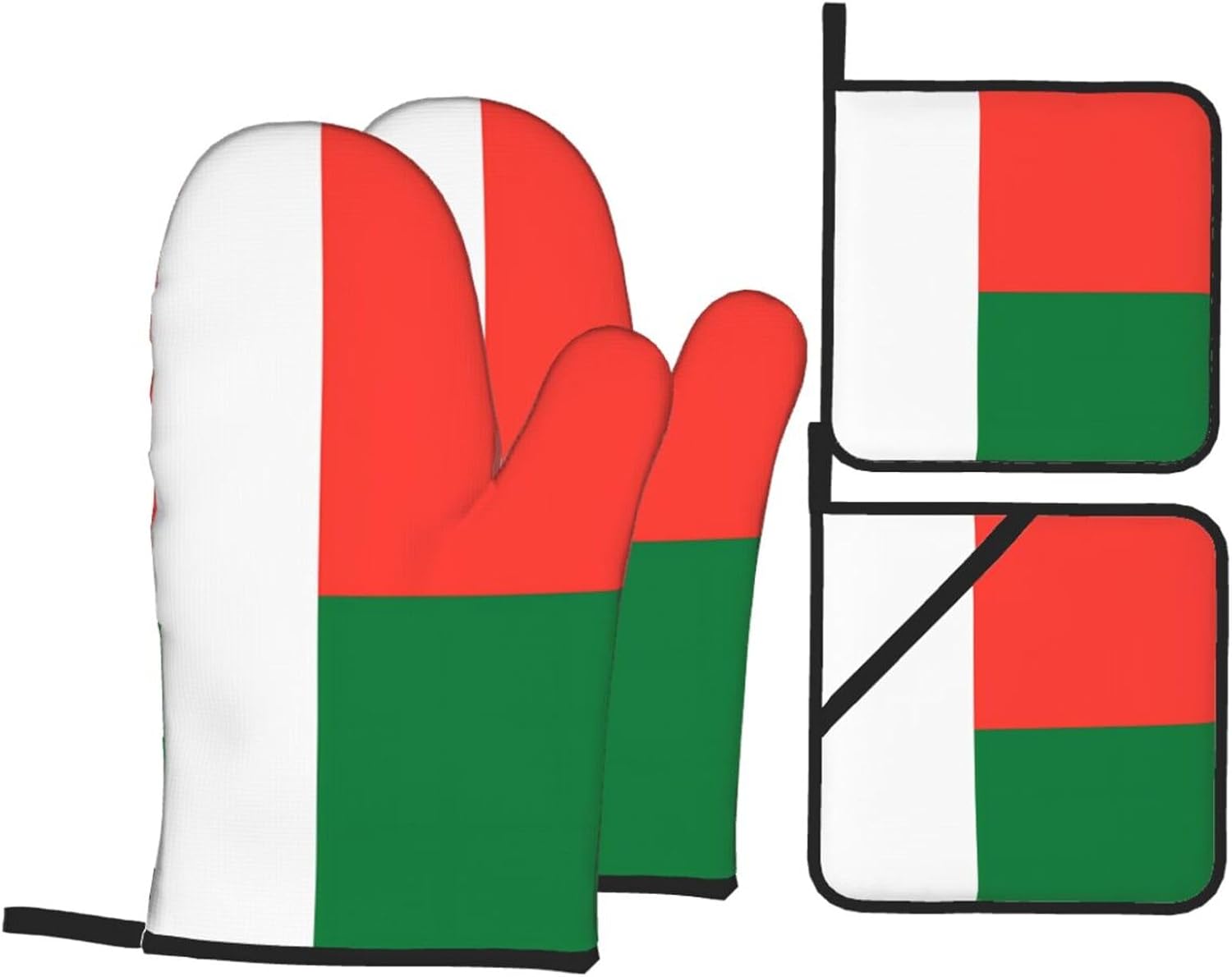 Flag of Madagascar Oven gloves and heat-resistant mat 4-piece set. Suitable for grilling, microwave oven frying, and baking