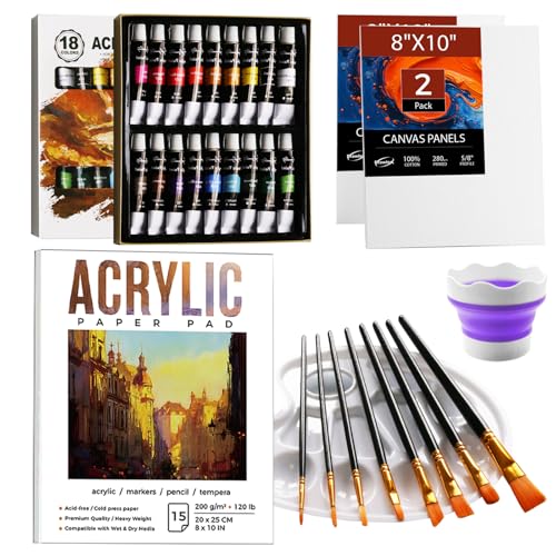Acrylic Art Set, Paint Kit, Painting Set with 18 Acrylic Paints, 2 Canvas Panels, Drawing Pad, Cleaning Cup, Painting Supplies for Kids Adults for Canvas Wood Paper