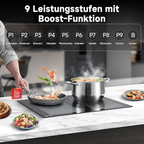 AMZCHEF Induktionskochfeld 60cm mit 2 Flexzonen und Booster | 4 Zonen Induktionskochplatte mit leisem Betrieb, 9 Leistungsstufen, BBQ Funktion, Pausenfunktion und Warmhalten, 7400W – Bild 4