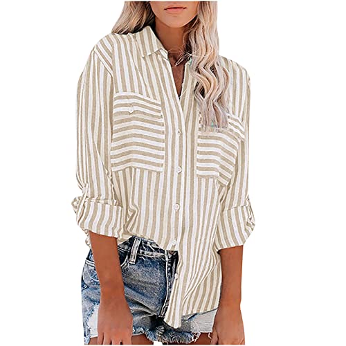 Loose Fit Long Tshirts for Women Fall Winter High Neck Linen Striped Cardigan Tee Shirt Tops Women 2024