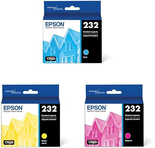 Epson Cartuchos de tinta cian, amarillo y magenta T232, capacidad estándar; compatible con impresoras Epson / tinta de secado rápido; impresiones en