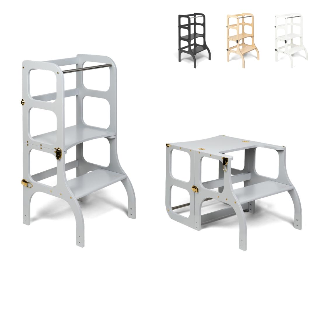 Ette Tete STEP'n'SIT® • Montessori Helper Tower - Table • Convertible 2-in-1 (With gold clasps, Grey) — image 1
