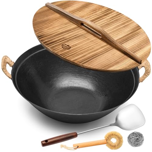 WANGYUANJI Cast Iron Wok Pan with Lid, 13.4 Inch Flat Bottom Large Deep Stir Fry Skillet, Heavy Duty Traditional Chinese Iron Pot for 3-5 People, Induction & Gas Ready