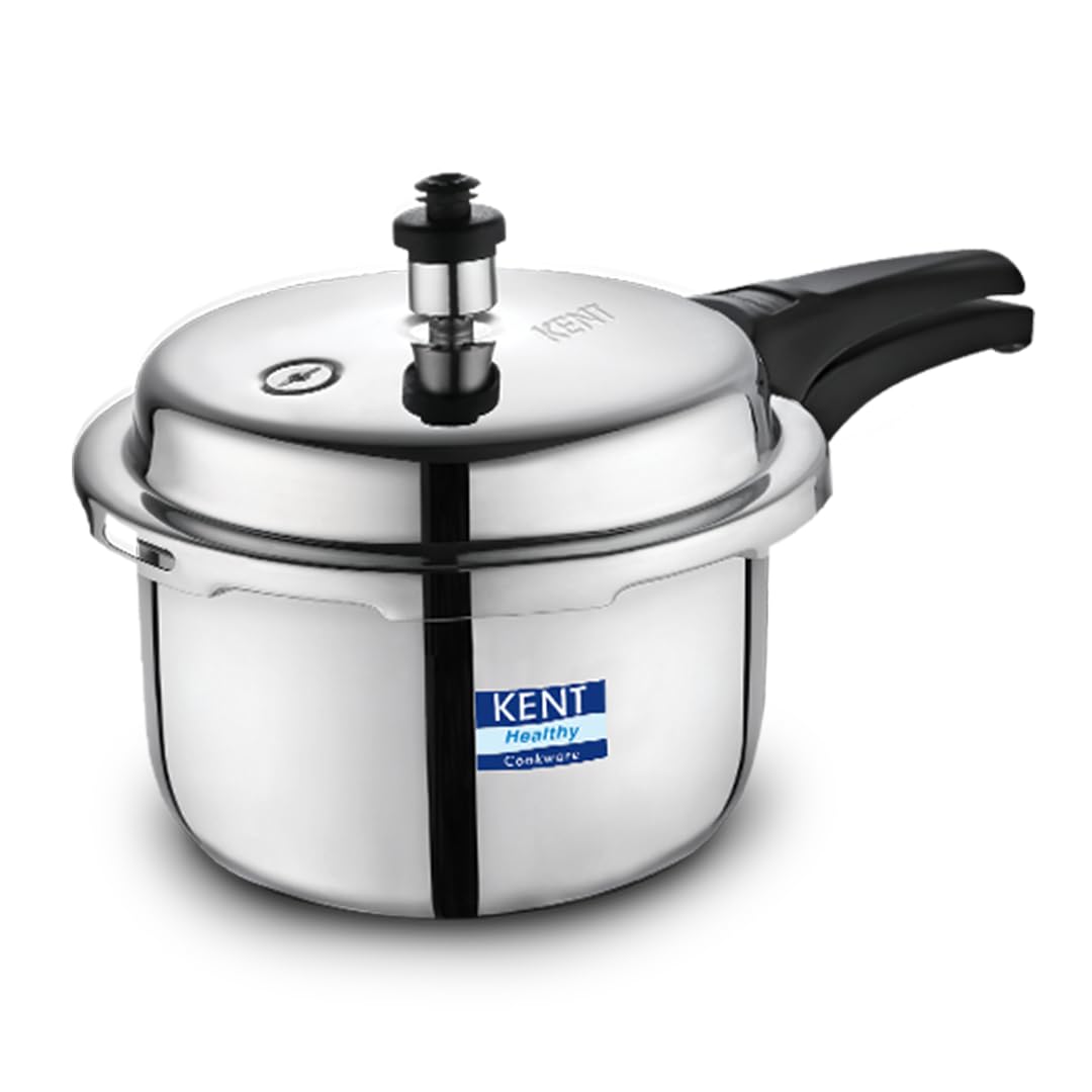 KENT Stainless Steel 2 Litre Pressure Cooker with SS Outer Lid | 4.66mm Heavy Encapsulated Bottom | Injection Moduled Handles For Durability | Lead Free Safety Valve | Suitable For Induction Cooktop