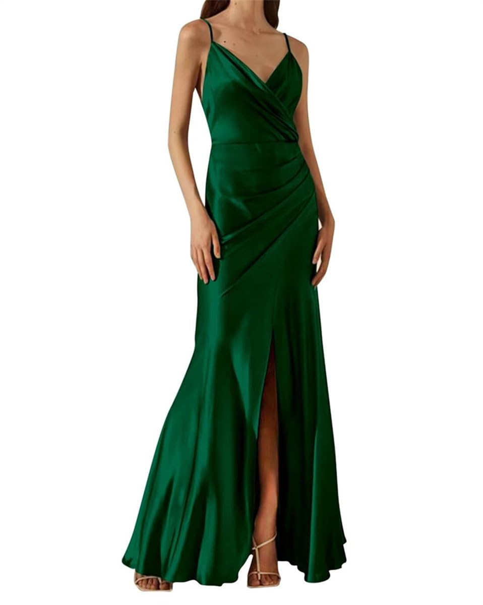Sayno Women's Emerald Green Satin Bridesmaid Dresses Spaghetti Straps V-Neck Pleated Formal Evening Gowns With Slit Uk12