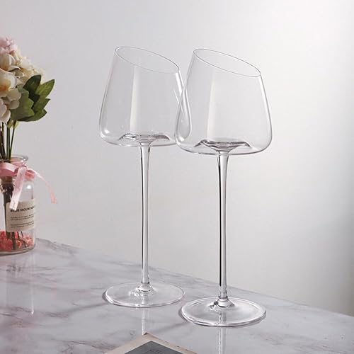 Miniatura 5 de Juego de 2 copas de vino tinto inclinadas, copas de vino blanco de tallo largo sin plomo, copas de vino de cristal modernas con base cóncava única,