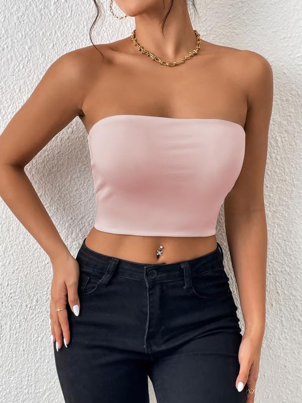Tube Top Damski T-shirt bez ramiączek Lato Bandeau Slim Fit Bez rękawów Crop Topy z elastycznym paskiem Podwójna warstwa Bluzka Podstawowa tuba Y2K Koszula Sexy Bez wyściółki Stroje