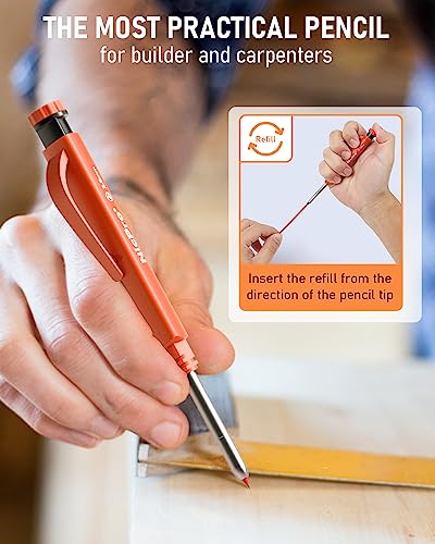 Nicpro Tischler Bleistifte Set, 1 Solide Zimmermannsbleistifte mit 13 Ersatzminen, Abnehmbaren Fingergriffe, Tieflochmarker Bleistift mit Eingebauter Spitzer für Holzbearbeitung, Baustelle mit Etui
