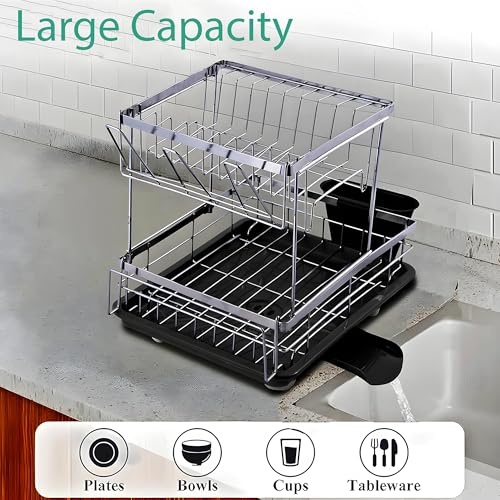 Image of Kuber Industries Stainless Steel 2-Tier Kitchen Dish Drainer Rack with Removable Drain Board | Dishwash Organizer | Utensils Drying Rack with Drainer Tray | Vessel /Bartan Stand for Sink | Black