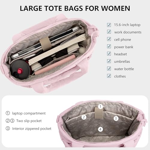 Image of Puffer Tote Bag for Women Quilted Nurse Bag Lightweight Work Bag for Teacher Travel Handbag with Multiple Pockets