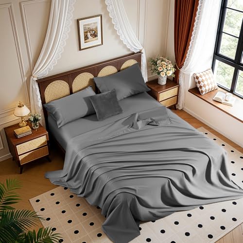 Image of 100% Egyptian Cotton Sheet Set 4 Pcs , 1200 TC, 16 inch Deep Pocket Sheet Queen | Long Staple Cotton Sheet, Soft and Breathable, 1 Fitted Sheet, 1 Flat Sheet, 2 Pillowcase Cozy for All Season, Dark Gray