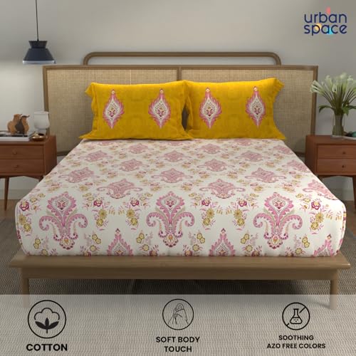 Image of Urban Space - Divine Collection 100% Cotton Double Bedsheet with 2 Pillow Covers, Bedsheet - 90 inch x 100 inch, Motif Mustard