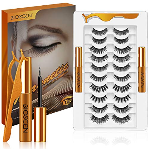BIOSCEN 6D Magnetic Eyelashes with Eyeliner Kit, Eyelashes, Reusable False Lashes Natural Look with Eyelash Tweezers, No Glue Needed Lashes Kit with 2 Tubes, Valentines Day Gifts for Her (10 pairs)
