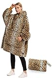 Catalonia Leopard Print Oversized Hoodie Blanket Sweatshirt, Wearable Sherpa Blanket Pullover, Soft...