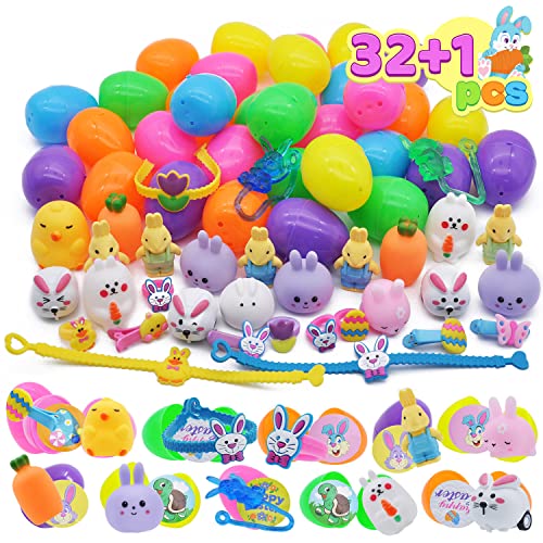 32 Pcs Prefilled Easter Eggs plus one 10" Jumbo Plastic Glitter Surprise Egg with Toys for Kid, Learning Toys Education for Toddlers, Easter Egg Hunt, Easter Basket Stuffers, Party Favor Goodie