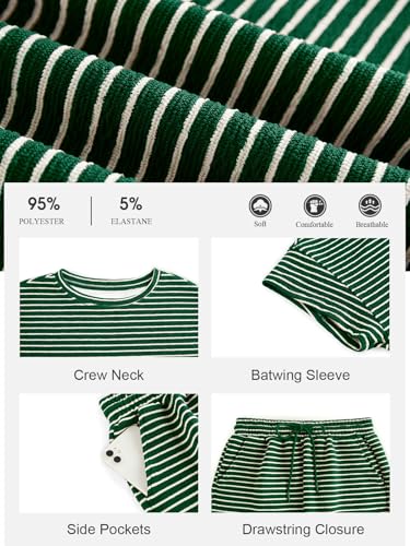 Image of Tankaneo Womens Pajama Sets Striped 2 Piece Lounge Sets Short Sleeve Oversized T Shirts Drawstring Shorts Matching Set