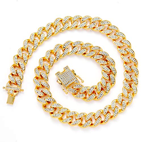 13mm Cuban Link Chain for Mens Women Heavy Strong Necklaces Chain Iced Out Miami Curb Chain Bling Bling Hip Hop Necklace Chain 18K Gold Plated Rhinestone CZ Clasp Jewelry Choker Chain 20