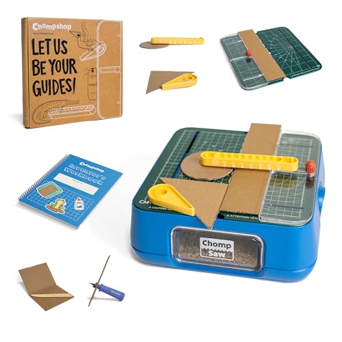 Chompshop Maker Bundle – Kid-Safe ChompSaw with Table Accessories Set & Inventor’s Workbook | STEM & STEAM Cardboard Building Kit for Boys & Girls Ages 8+