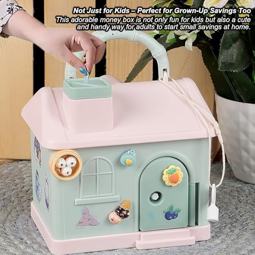 Image of Cute Toy House Money Coin Box with 3D Sticker Metal Piggy Bank with Secure Lock & Keys for Kids, House Shaped Money Saving Coin Collection Box for Girls (Pack of 1, Multicolour) (Design-2)