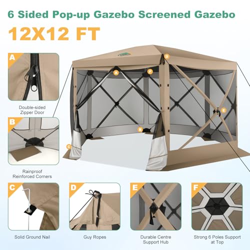 Image of COBIZI 12x12 FT Pop Up Canopy Extendable Tent, Gazebos On Clearance with Removable Roof,Screened in Gazebo,Screen Tents Portable carpas para Patio for Outdoor Camping,Backyard, Garden,Khaki(Upgraded)