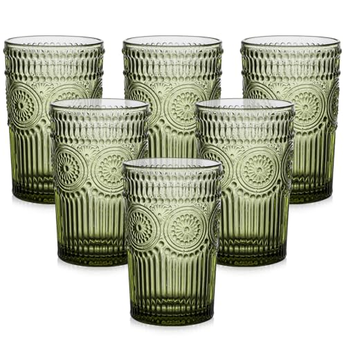 Vintage Glassware Drinking Glasses Set of 6,13 oz Green Textured Flower Design Glass Water Tumblers，Embossed Striped Drinkware for Water,Cocktails,Juice,Iced Coffee