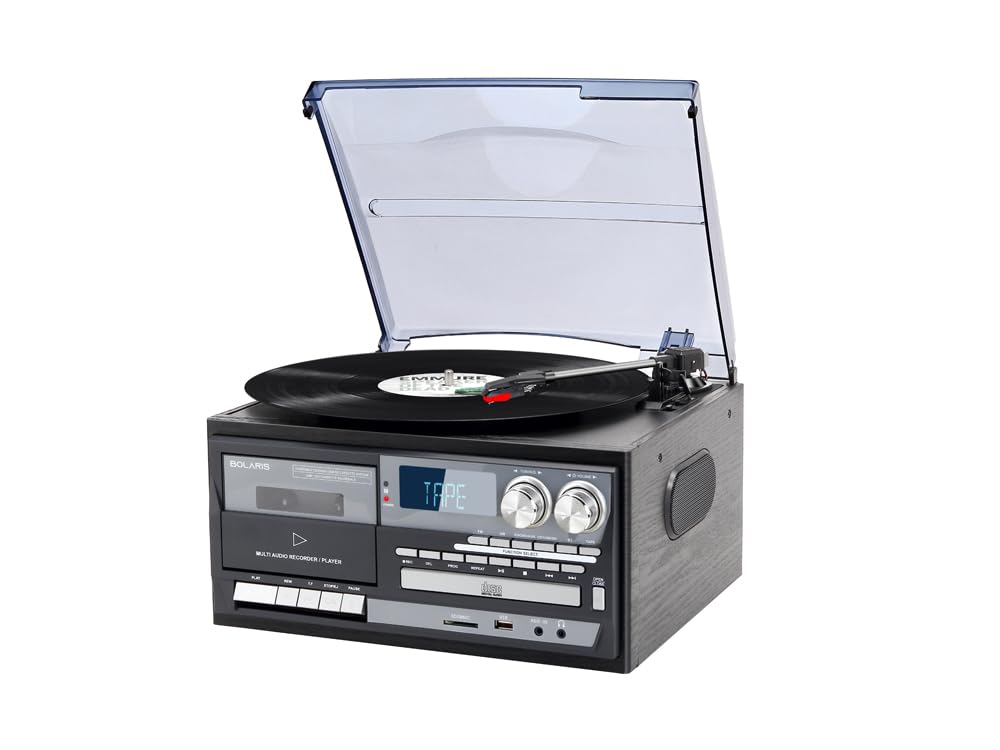 Tocadiscos de vinilo Bluetooth 5.0, 10 W, multifunción, 10 W, RMS, CD, casete, FM, grabación USB/SD, color negro