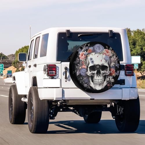 Image of Delerain Spare Tire Cover with Backup Camera Hole Skull Flowers Wheel Covers Waterproof Dust-Proof UV Sun Universal Fit for Trailer RV SUV Truck (18 Inch for Diameter 32 inch-34 inch)