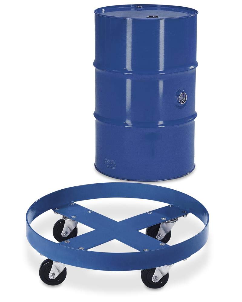 DENIOS Fassroller aus Stahl, pulverbeschichtet, blau, für 200 Liter Fässer, 4 Lenkrollen