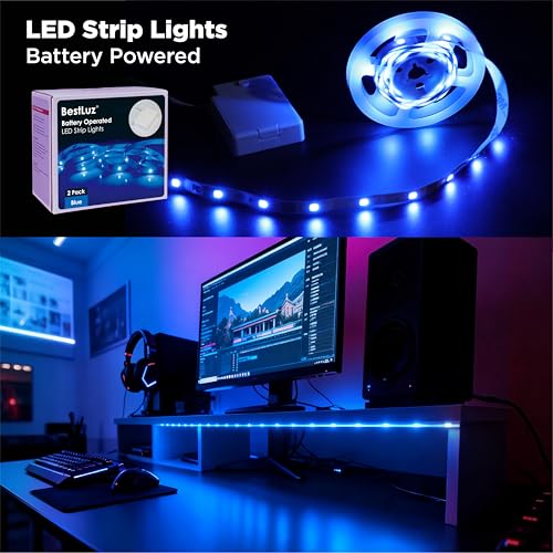 Image of BestLuz Battery Operated LED Strip Lights 2X 3.33ft Flexible Blue LED Light Strip for Bedroom Room Decor, Battery Powered Lighting for Cabinet Shelf Closet TV Backlight