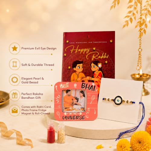 Image of Art Street Evil Eye Rakhi Gift Hamper with Personalized Best Bhai Photo Frame, Evil Eye Rakhi, Greeting Card, Roli Chawal & Premium Gift Box | Raksha Bandhan Gift for Brother
