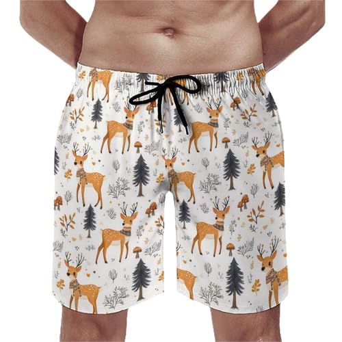 Hawaiian Shorts for Men - Comfy Forest Deer Mushroom Print Mens Swim Trunks Bathing Suits with Mesh Lining