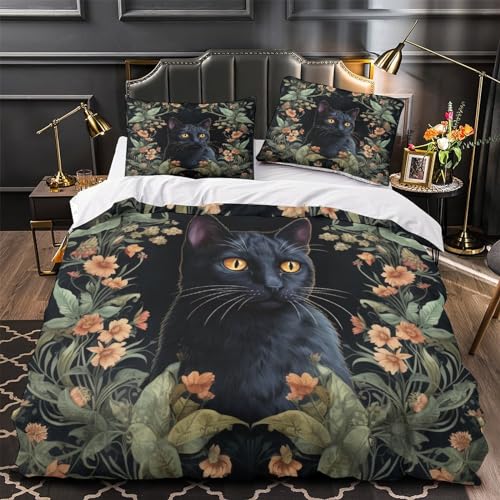 Housse de couette chat imprimé 3D fleurs parure de lit microfibre douce King - 4