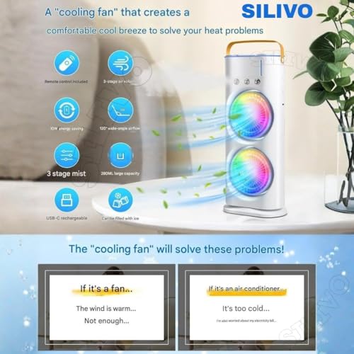 Image of BIGASUO DDouble Fan Mini Cooler, USB Rechargeable Air Cooler with LED Light, Remote Control & 280ml Water Tank, 3-Speed Quiet Dual Spray Fan for Home Office Use, Energy Saving (1029) (Black, TMY-14)
