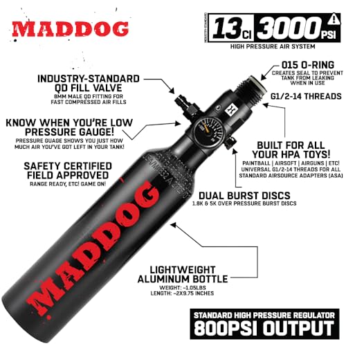 Image of Maddog Aluminum Compressed Air HPA Paintball Tank with Regulator - Airgun Airsoft PCP - Fresh Hydro Date - Ships Empty - Single - Refillable